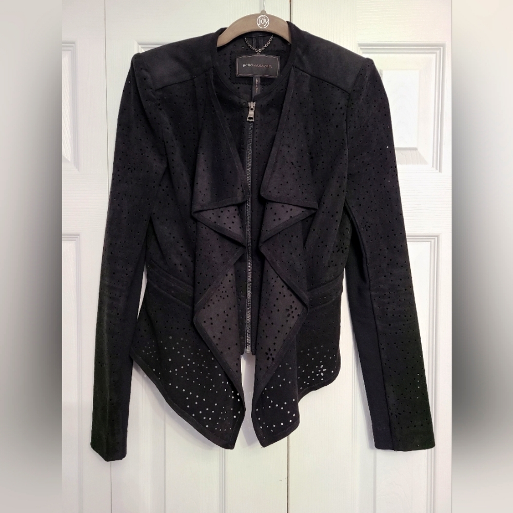 BCBGMAXAZRIA Eliot Black Faux Duede Eyelet Jacket size XS